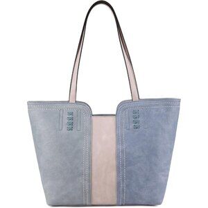 👑Women's Baby Blue Leather Classic Top Handle Zipper Pockets Casual Tote Bag